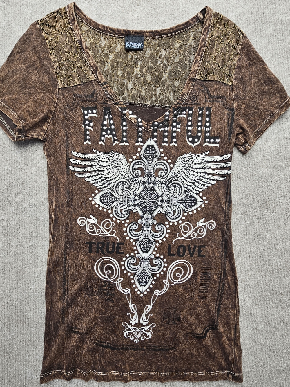 Daytrip Western Lace Acid Wash Graphic Tee Medium Brown Studded Plunge Top